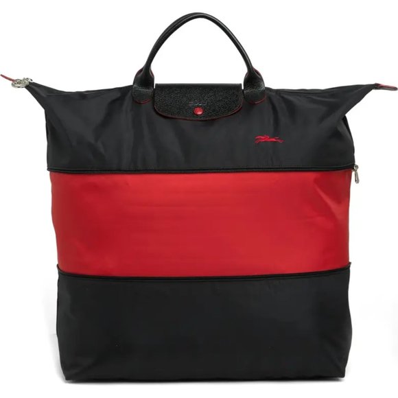 NWT LONGCHAMP Le Pliage Club Expandable Handheld Travel L Weekender BLACK RED - Picture 1 of 11